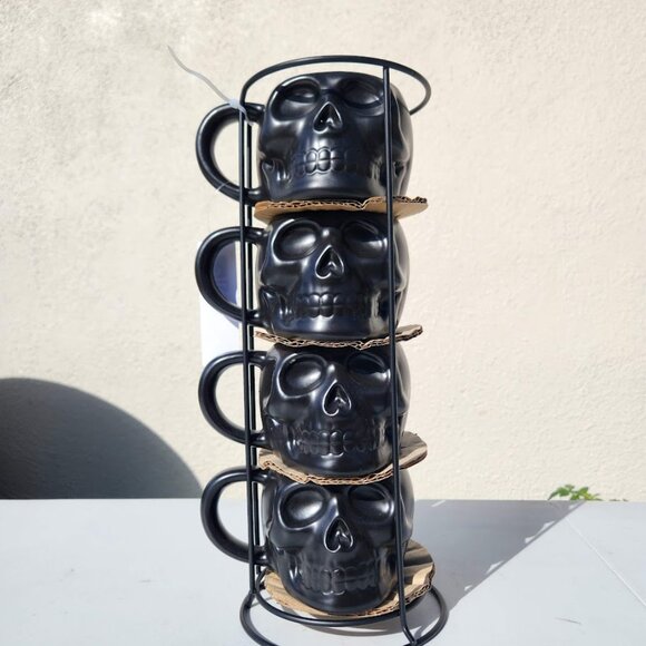 NEW Skull Mug Set of 4 Stackable Mugs Dia De Los Muertos Skulls Halloween Stonew - Picture 6 of 16